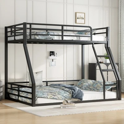Full XL over Queen Black Metal Floor Bunk Bed Heavy Duty Bed Frames Kids Adult - Image 1 of 4