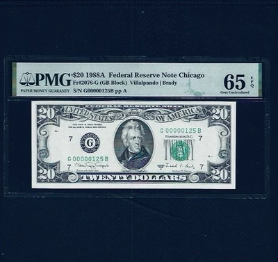 FR. 2076-G 1988A $20 FRN CHICAGO,IL “LOW SERIAL #125 PMG GEM UNCIRCULATED-65EPQ - Image 1 of 2