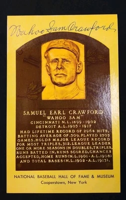 JSA RARE WAHOO SAM CRAWFORD TWICE SIGNED AUTO HOF PLAQUE POSTCARD DETROIT TIGERS - Image 1 of 3