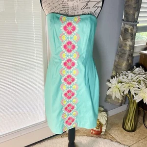 Vineyard Vines Caribbean Floral Embroidered Strapless Turquoise Form Fit Dress 8 - Picture 1 of 12