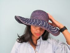 Size: 7 BETMAR Blue Straw Hat VINTAGE Polka-Dot MADE in ITALY Round Basket Weave
