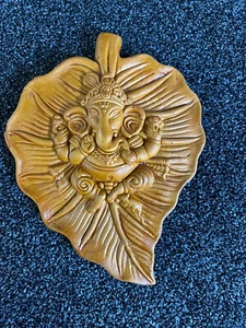 Hand Made Terracotta Clay Lord Ganesha on Leaf Decorative Wall Hanging - Picture 1 of 1