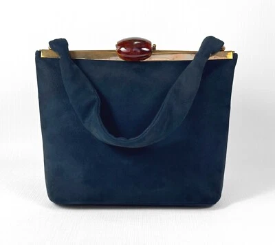 Bolsa de couro vintage azul camurça nobuck com trava de baquelite e bolsa para moedas - Imagem 1 de 4