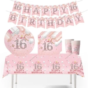 Niñas 16 Cumpleaños Decoraciones Mantel Tazas Banner Globo Fiesta Dulce 16 - Imagen 1 de 10