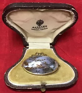 Russ Empaer Antique 56 Gold diamond and moss agate art nouveau brooch - Foto 1 di 8