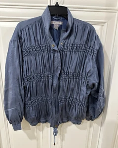 VTG 80s Robert Stock Silk Bomber Jacket Womens M Blue Full Zip Snap Front NWT - Picture 1 of 15