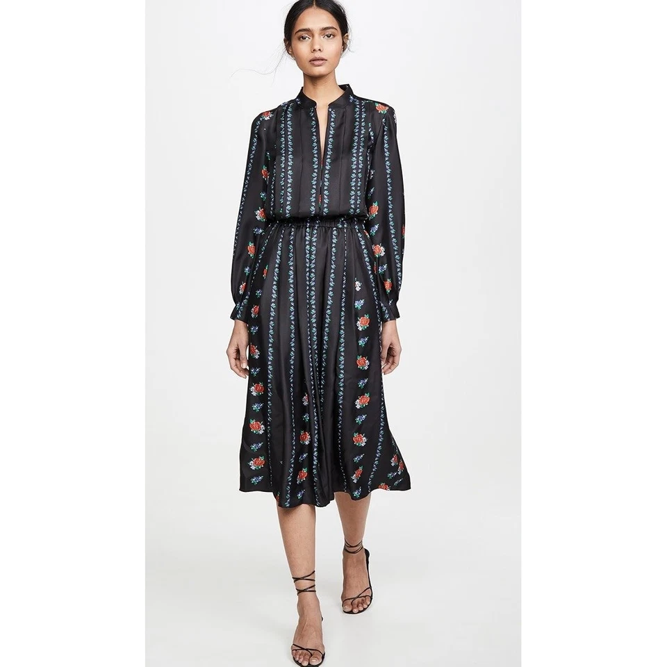 Vestido Tory Burch Estampado Manga Larga Vertical Rayas Floral Negro Seda Midi Talla 6 Foto 1 de 4