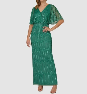 Adrianna Papell Women's Green Sequin Beaded Surplice Maxi Dress Petite Size 14P - Image 1 of 3