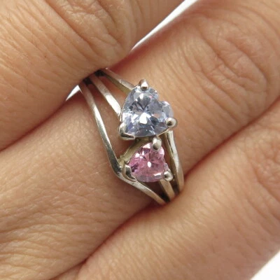 925 Sterling Silver Blue & Pink C Z Double Heart Ring Size 9.25 - Image 1 of 4