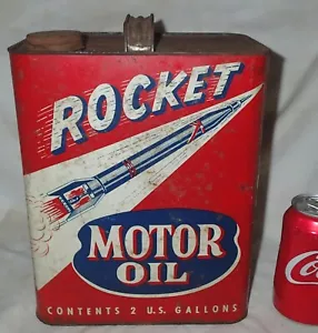 OLD USA NASA ROCKET SHIP MOTOR OIL TWO GALLON METAL CAN GAS TOOL STATION MAN ART - Picture 1 of 13