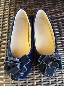 Janie Jack Girls Shoes 9 Navy Blue Velvet Flat Bow Holiday Special Occasion - Picture 1 of 3