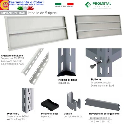 Scaffale a Ripiani Modulare Acciaio Con Rinforzo Ripiano Metallico Set 5Pz ITALY - Immagine 1 di 2