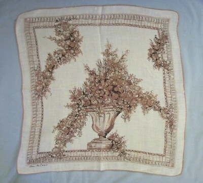 Vintage Ann McCann Signed Hankie Urn of Flowers Brown Cream 14 1/2" x 14 1/2" - Image 1 of 3