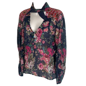 Aratta Silent Journey Diana tie neck floral long sleeve blouse medium blue pink - Picture 1 of 8