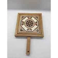 Mexican Ceramic trivet wood handle MCM Midcentury brown white 12” tile mexico