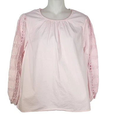 J. Blusa Crew Top Mujer Talla Mediana Rosa Algodón Popelina Abullonada Manga Larga Ojales Foto 1 de 4