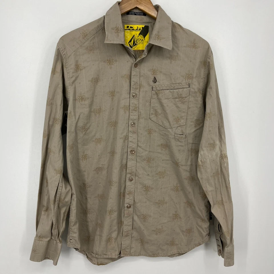 Volcom Long Sleeve Button Shirt Men's Size L Beige Tailored Shirt Pocket - Image 1 of 4