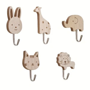 5x Wandhaken aus Holz in Tierform, Katzen, Löwen, Kaninchen, Giraffen, Elefanten - Bild 1 von 6