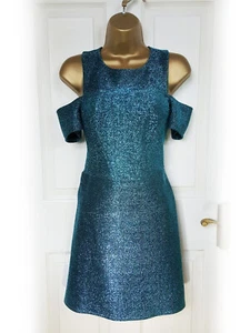 TOPSHOP Turquoise Blue Glitter Cold Shoulder Dress, size 8 - BNWT - Picture 1 of 5
