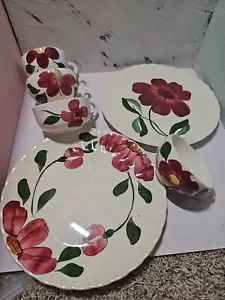 Southern Pottery Blue Ridge 2 Plates 4 Cups Red Flowers Windflower & Nocturnal? - Picture 1 of 9