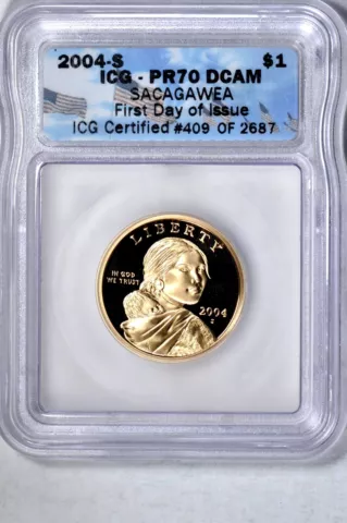2004-S SAC$1 First Day of Issue Sacagawea Dollar ICG PR70DCAM K14588 Cover