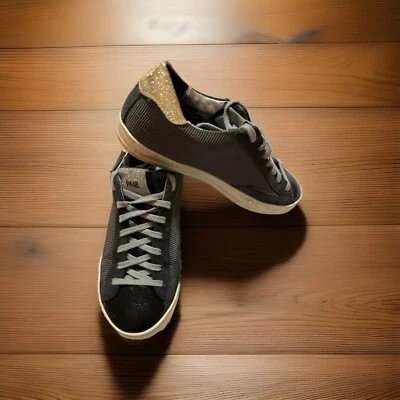 P448 女式黑色/灰色闪光条纹运动鞋英国 37 码 — 第 1/4 张图片