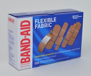 100 BAND-AID BRAND ADHESIVE BANDAGES FLEXIBLE FABRIC ASSORTED SIZED STRIPS BOX