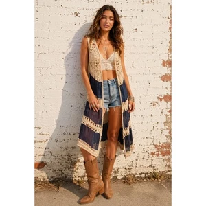 Vintage Braided Imports Boho Crochet Macrame Long Duster Vest Festival M - Afbeelding 1 van 7
