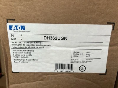 Interruptor de seguridad Eaton DH362UGK 60 Amp 600V 3PH desconexión no fusible NUEVO Foto 1 de 4