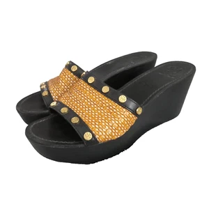 TORY BURCH Straw/Leather JOANIE Studded PLATFORM WEDGE SANDALS US 8.5 Logo s7155 - Picture 1 of 16
