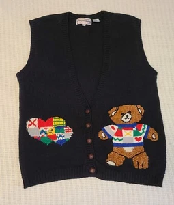 Vtg 80's Teddy Bear Black Sweater Vest (M) WESTBOUND Hearts Cute Ugly Fun Kitsch - Picture 1 of 16