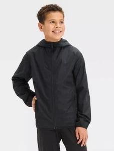 NWT~ All in Motion sz M 8 Boys Black Hooded Wind Breaker Jacket JJ20 - Picture 1 of 9