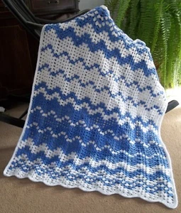 Handmade Crochet Blues/white ripple baby blanket approx 98cm x 80cm Acrylic - Picture 1 of 4
