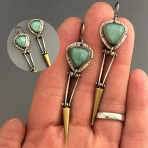 Dangle Drop Ethnic Vintage Jewellery Unusual Spike Earrings Green Stone Metal - Picture 1 of 11