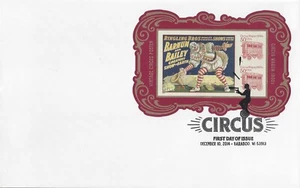 Mini foglio circo & FDC - 1 francobollo poster circo imperfetto e 2 francobolli carro imperfetti - Foto 1 di 3