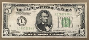 1928B $5 FRN SAN FRANCISCO [] GOLD ~ ALPHA SEAL [] FR 1952-L Ser#  L 3293 2260 A - Picture 1 of 3