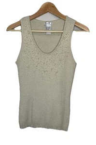 Cache Women's Large Cream Metallic Pearl Detail Sleeveless Ribbed Tank Top VTG - Picture 1 of 5