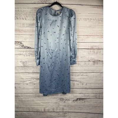Vestido H&M Para Mujer 14 Azul Satinado Manga Larga Cinturón Grúa Estampado Pájaro Midi Elegante Foto 1 de 4