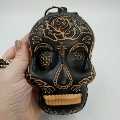 Sugar Skull Leather Wristlet Wallet Handmade Day of the Dead Coin Purse Keychain - Image 1 of 4