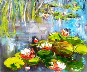 Water Lilies Painting Original Art Lotus Atrwork Monet 12 by 10"oil paintin - Picture 1 of 4