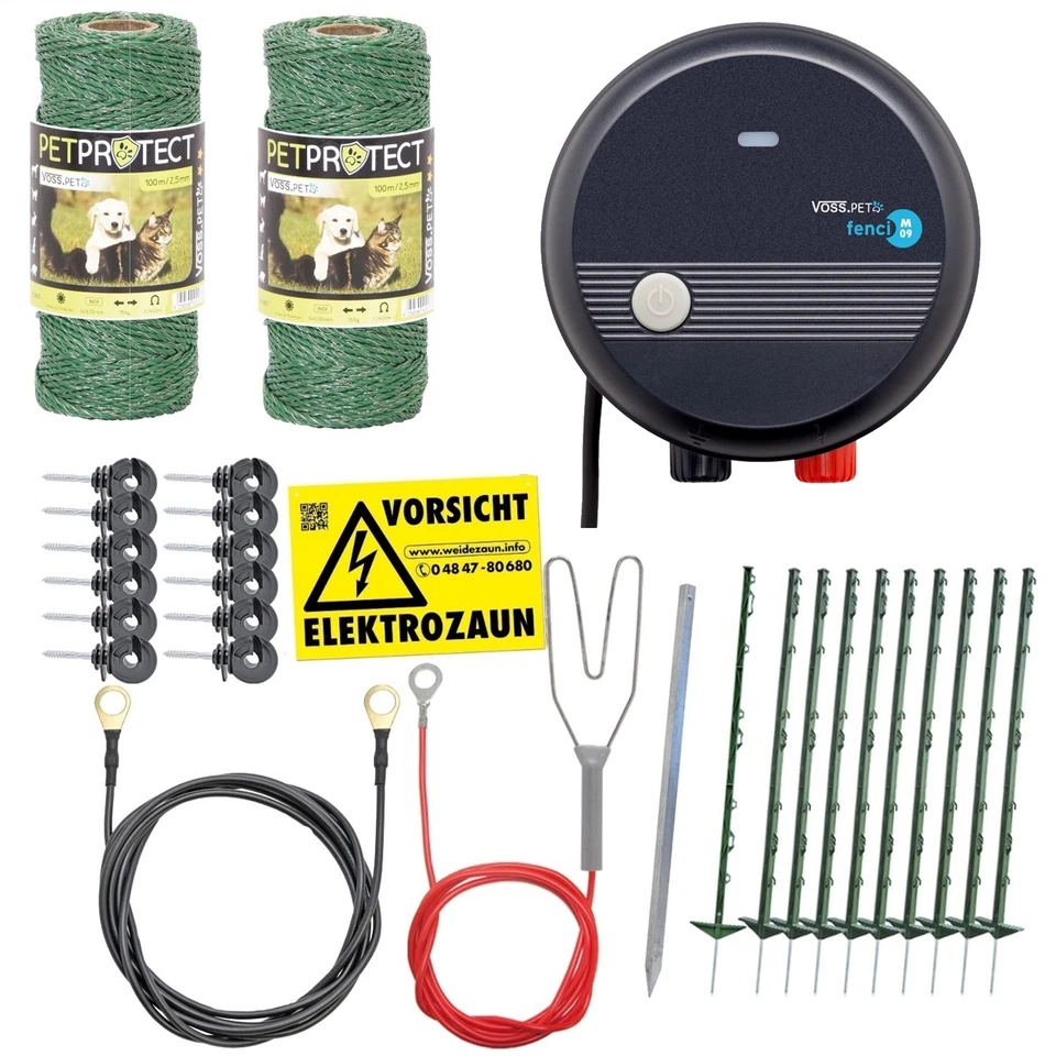 Hundezaun Komplettset 200m Litze grün 10 Pfähle grün Elektrozaun Katzen Zaun