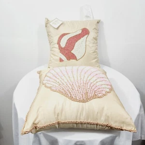 Leila's Linen Decor Coastal Collection Pillow Set 14x14 Beaded Ivory Satin FLAW - Picture 1 of 24