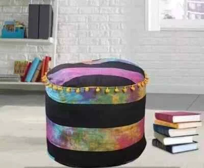 Indian Handmade Round Ottoman Multicolor Pouf Cover Vintage Footstool Pouffe Art - Image 1 of 3