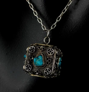 Anhänger Silber Sterling Türkis Würfel China mit Kette - traumhaft schön Vintage - Bild 1 von 12