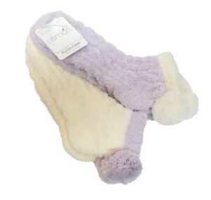 2 PR Lemon Ladies Slipper Socks Plush Low Cut Pom Poms Ivory / Lavender - NEW