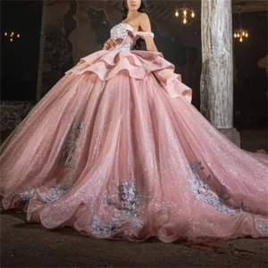 Elegantes rosa Ballkleid Ballkleider Blumenapplikationen Quinceanera Kleider Sweet16 - Bild 1 von 7