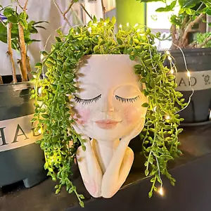 Solar Face Flower Pot Head Planter Pots LED Lights Indoor Outdoor Garden Decor - Picture 1 of 8