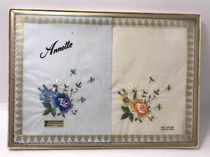 2 UNUSED Vintage Ladies Handkerchief Hankies Lace Trim Embroidered Flowers Japan - Picture 1 of 6