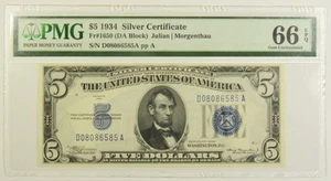 $5.00 1934 Silver Certificate PMG Gem-66 EPQ Fr#1650 S/N D08086585A pp A - Picture 1 of 2