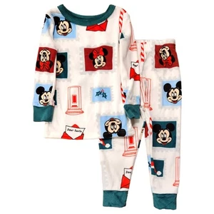 Disney Boys White Mickey Mouse Christmas Long Sleeve 2 Piece Pajama Sleep Set 10 - Picture 1 of 2